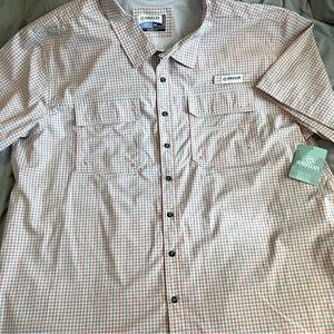 Men’s Magellan 3X, coral and grey plaid 30 UPF s/s fishing shirt, NWT